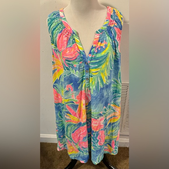 Lilly Pulitzer Women’s Essie Dress Showstopper Flamingo Floral Resortwear XL - Picture 2 of 5
